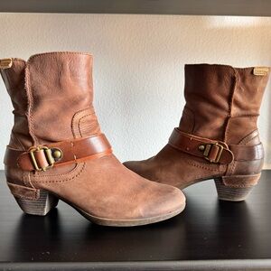 PIKOLINOS Brown Leather Ankle Boots with Buckle Detail